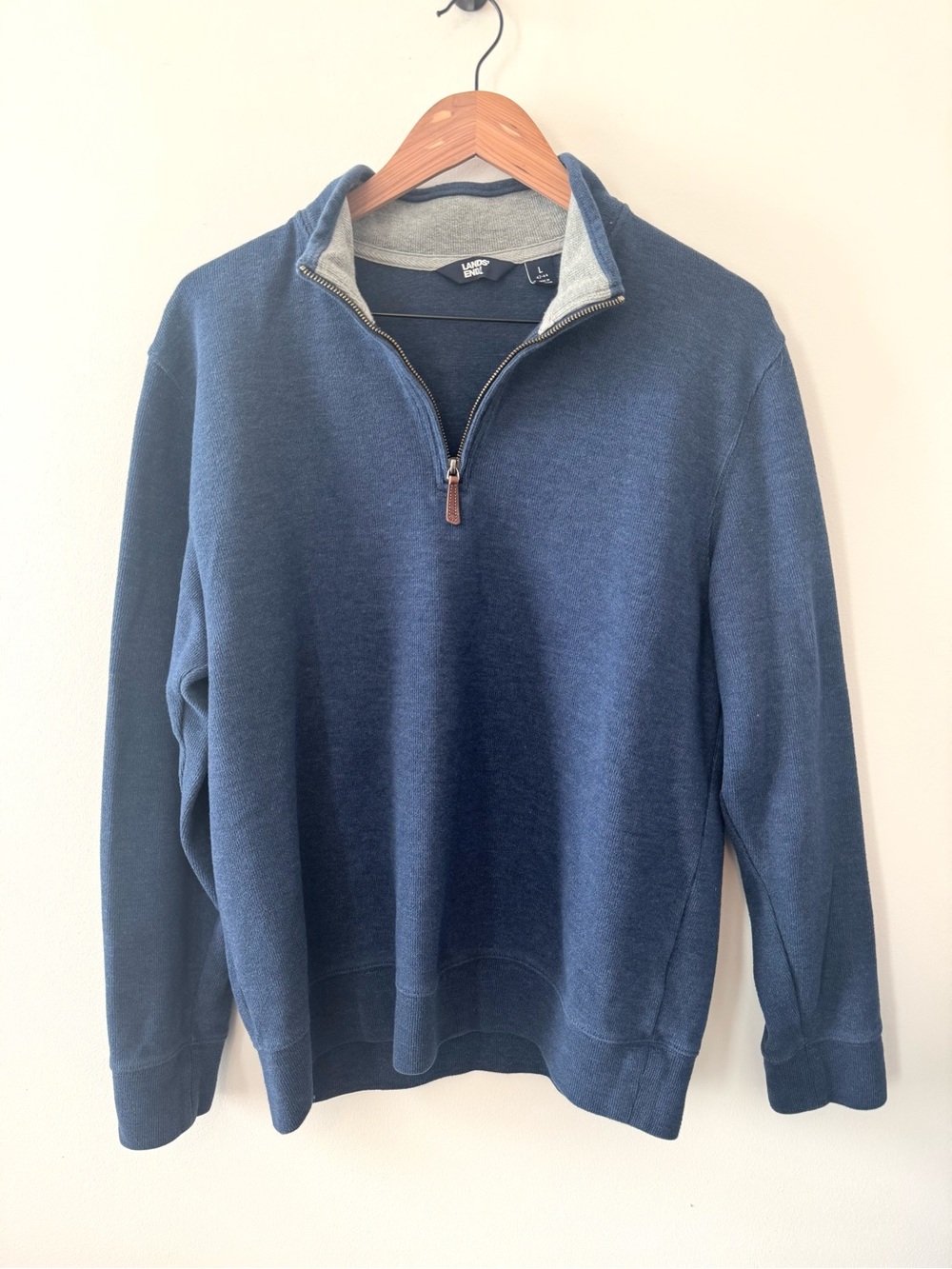 Lands’ End Men’s L 42-44 Blue Quarter Zip Pullover Cotton Blend Sweater Preppy